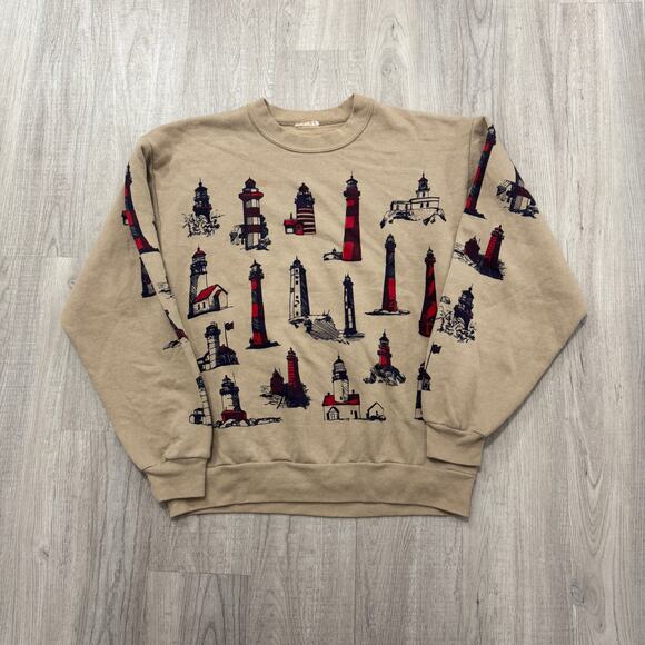 Vintage Michigan Lighthouses Sweatshirt Men's Medium Brown 90s Crewneck Lake - Picture 1 of 6
